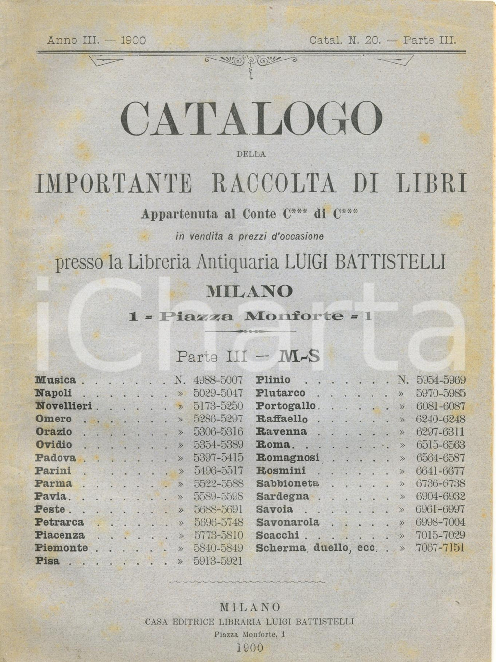 Libro, pubblicazione d epoca 1900 MILANO Libreria antiquaria Luigi BATTISTELLI Asta biblioteca conte C. di C. 1
