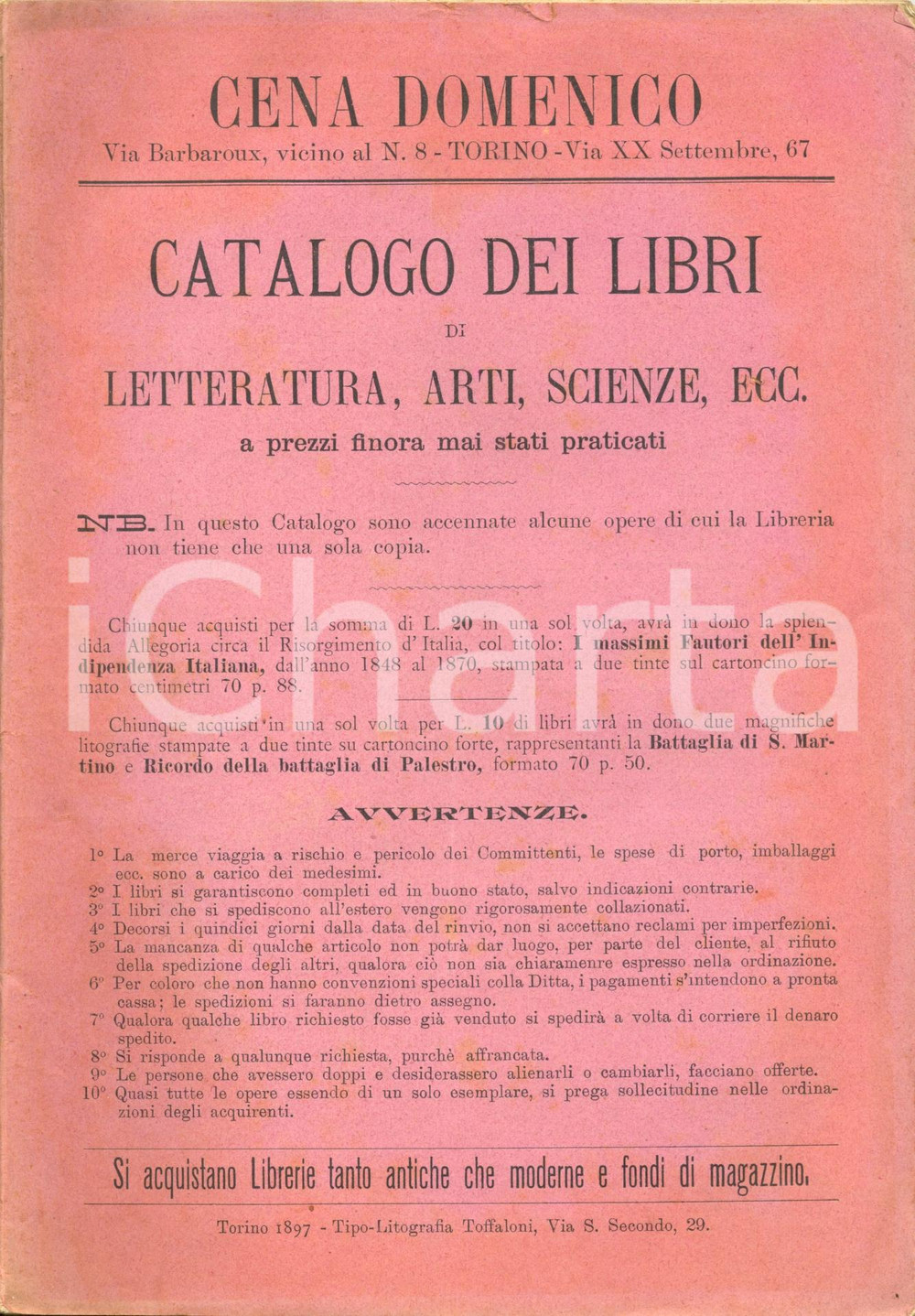 Libro, pubblicazione d epoca 1897 TORINO Libreria Domenico CENA Catalogo libri LETTERATURA  ARTI  SCIENZE 1