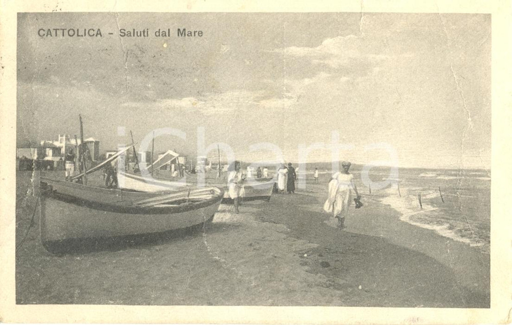 Cartolina originale da collezione 1921 CATTOLICA RN Veduta della spiaggia con barche Cartolina animata FP VG 1