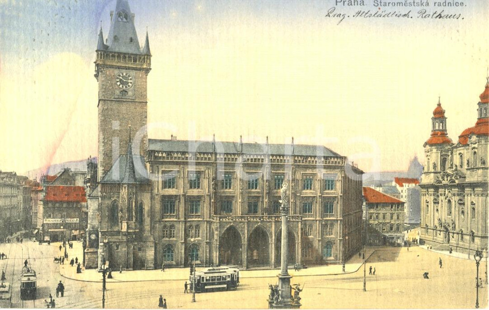 Cartolina originale da collezione 1912 PRAGA CZ Municipio della cittÃ  vecchia  TRAM Cartolina animata FP NV 1