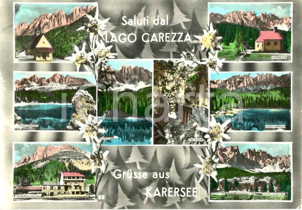 Cartolina originale da collezione 1958 NOVA LEVANTE BZ Vedutine del LAGO CAREZZA Cartolina postale FG VG 1
