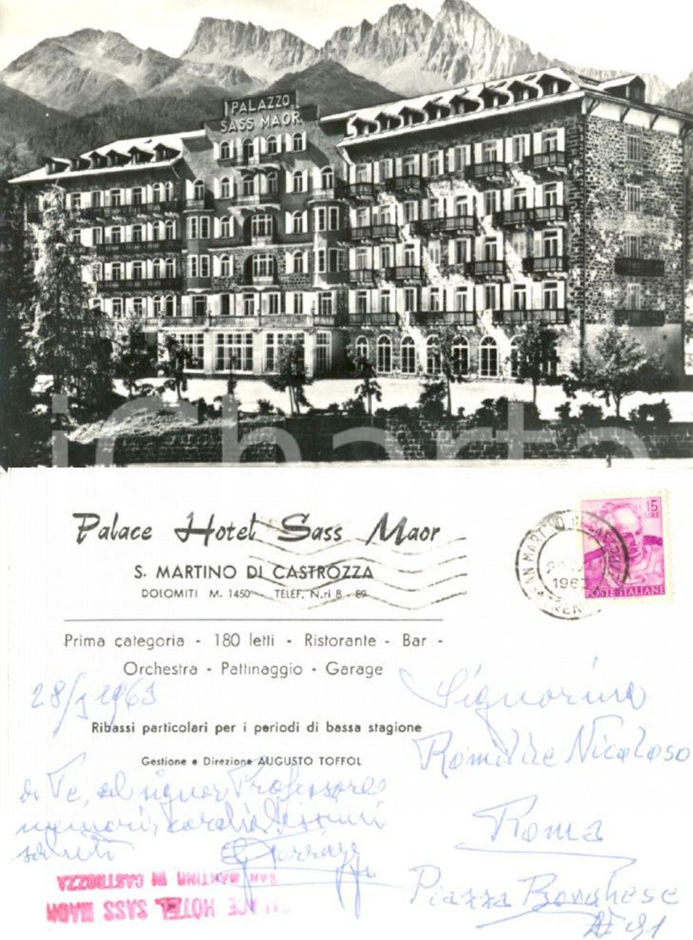 Cartolina originale da collezione 1963 SAN MARTINO DI CASTROZZA TN Veduta del Palazzo SASS MAOR Cartolina FG VG 1