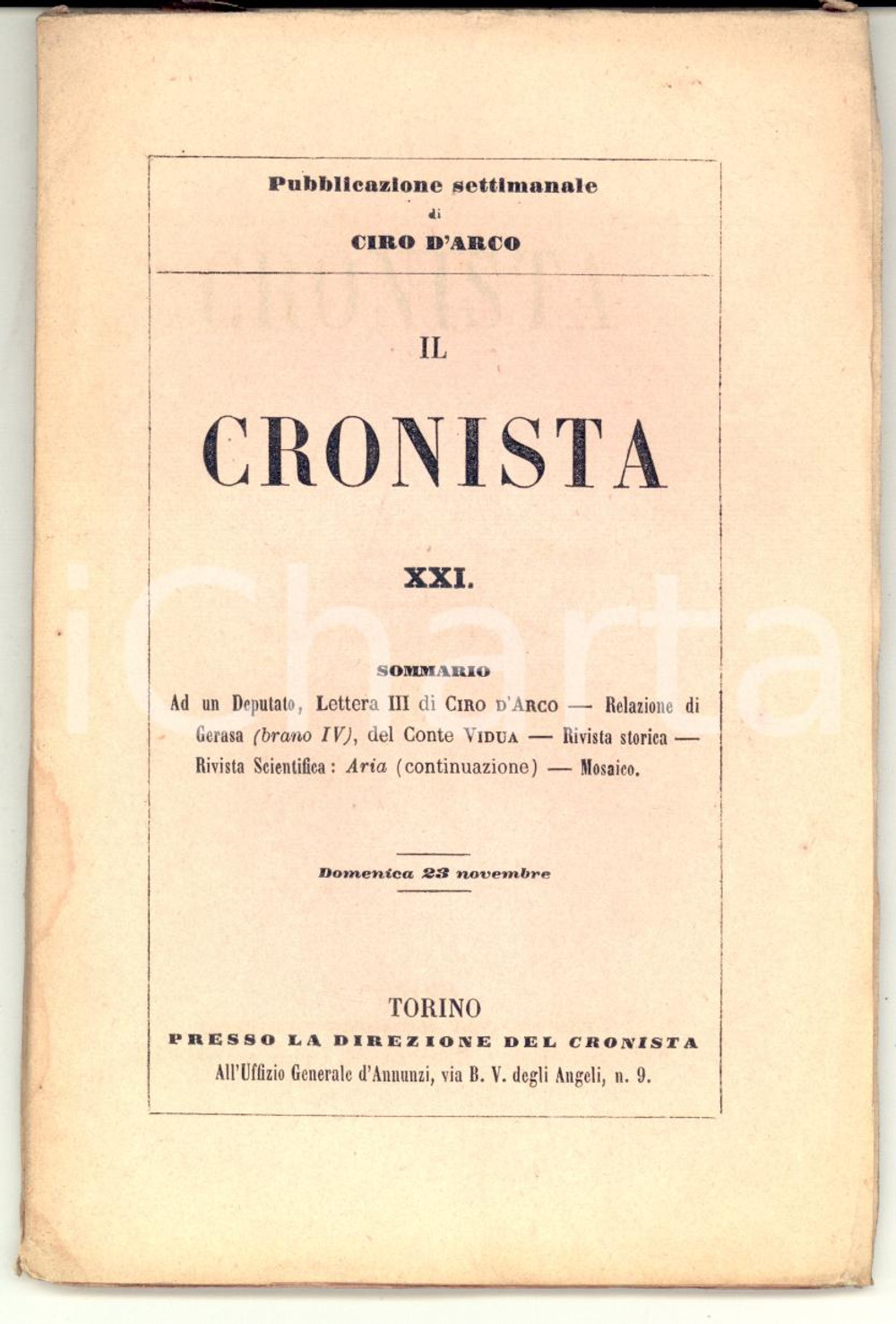 Giornale, rivista storica 1856 TORINO IL CRONISTA Pubblicazione settimanale di Ciro D ARCO  Anno I nÂ° 21 1