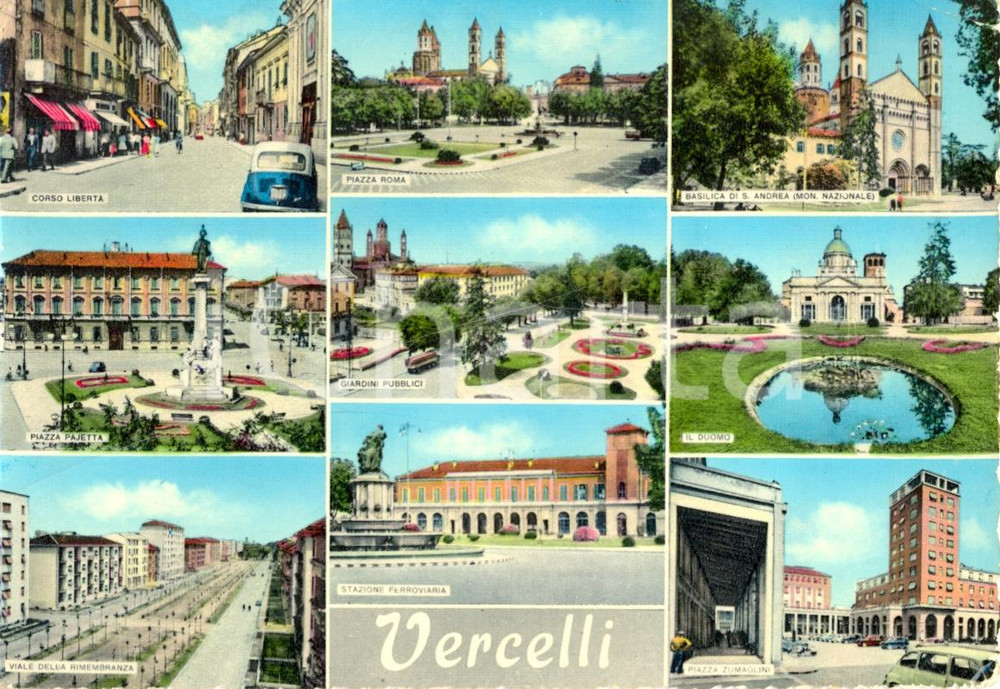 Cartolina originale da collezione 1967 VERCELLI Vedutine STAZIONE BASILICA SANT ANDREA Cartolina animata FG VG 1