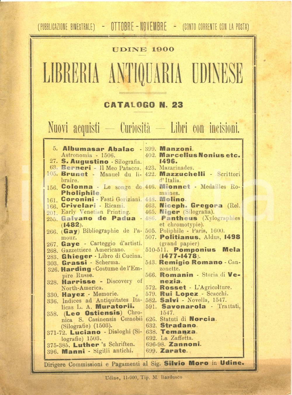 Libro, pubblicazione d epoca 1900 UDINE Libreria ANTIQUARIA UDINESE Catalogo nuovi acquisti curiositÃ   nÂ°23 1