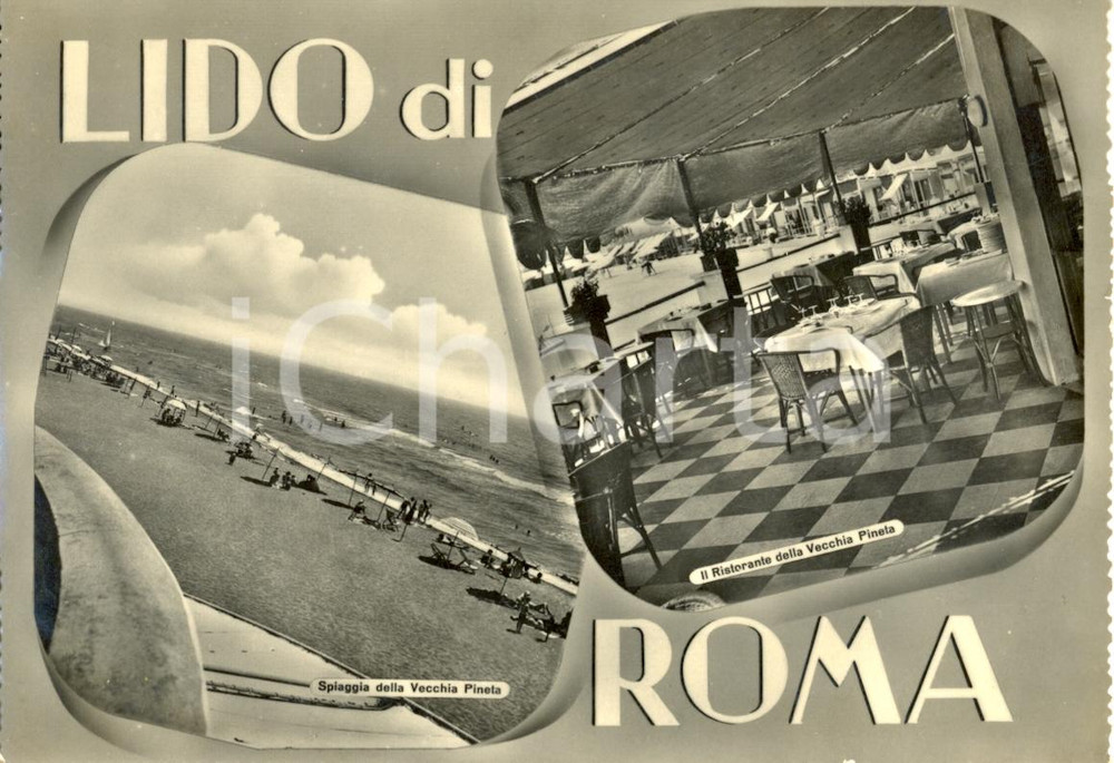 Cartolina originale da collezione 1955 ca LIDO DI ROMA Vedutine spiaggia e ristorante VECCHIA PINETA Cartolina VG 1