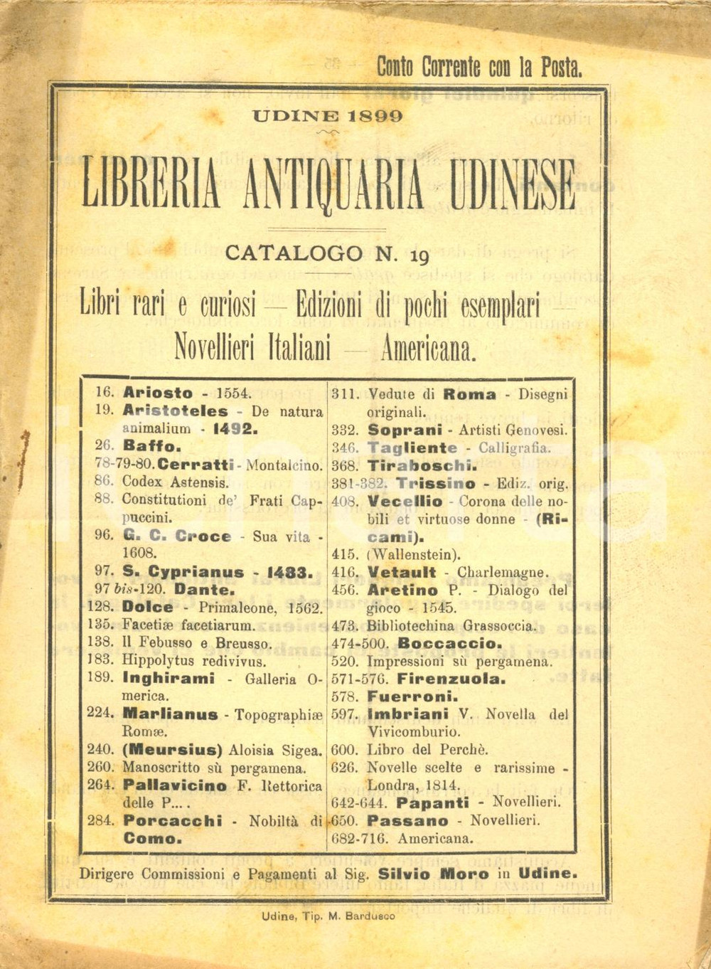 Libro, pubblicazione d epoca 1899 UDINE Libreria ANTIQUARIA UDINESE Catalogo libri rari e curiosi nÂ°19 1