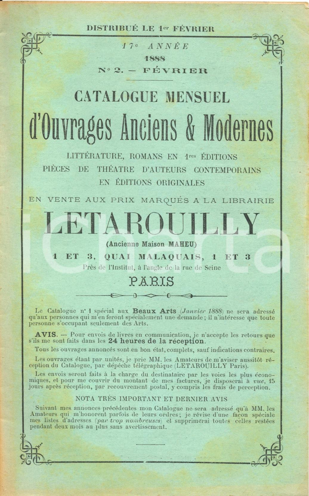Libro, pubblicazione d epoca 1888 PARIS Librairie LETAROUILLY Catalogue mensuel livres  piÃ¨ces thÃ©atre NÂ°2 1
