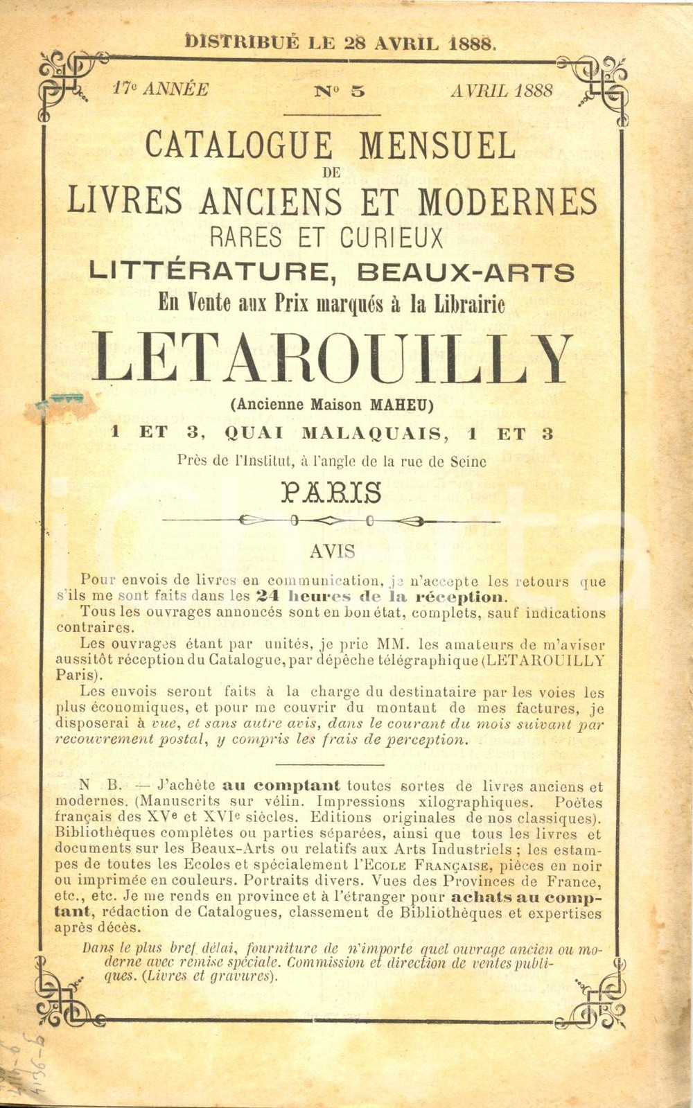 Libro, pubblicazione d epoca 1888 PARIS Librairie LETAROUILLY Catalogue mensuel livres anciens modernes NÂ°5 1