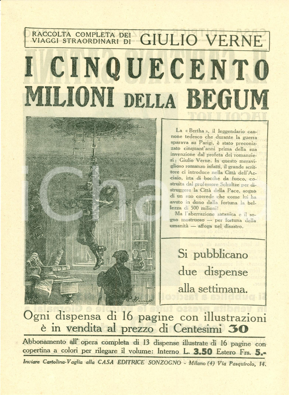 Oggetto da collezione cartaceo 1925 ca SONZOGNO Giulio VERNE Cinquecento milioni BEGUM Volantino ILLUSTRATO 1