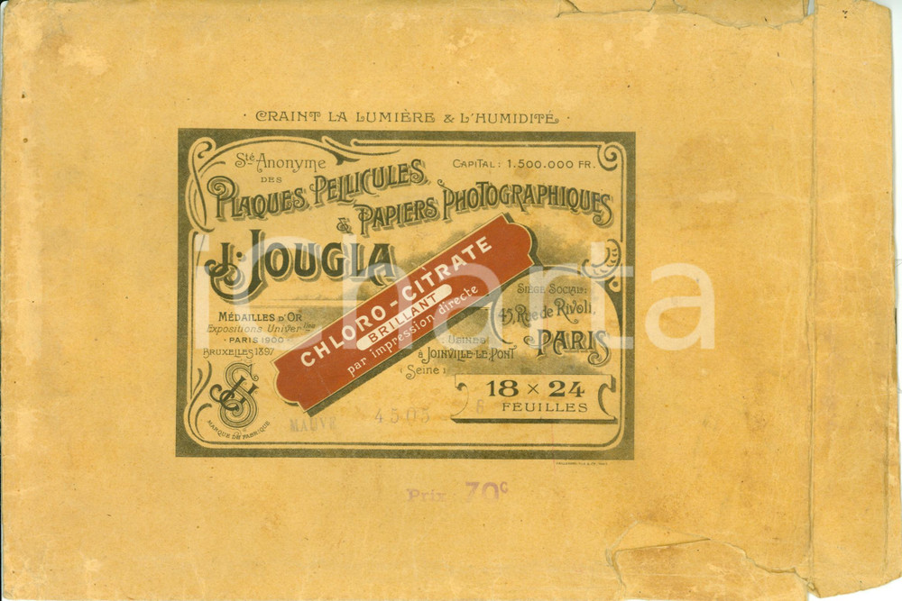 Materiale pubblicitario d’epoca 1910 ca PARIS Société Joseph JOUGLA Pellicules Papiers Photographiques Busta 1