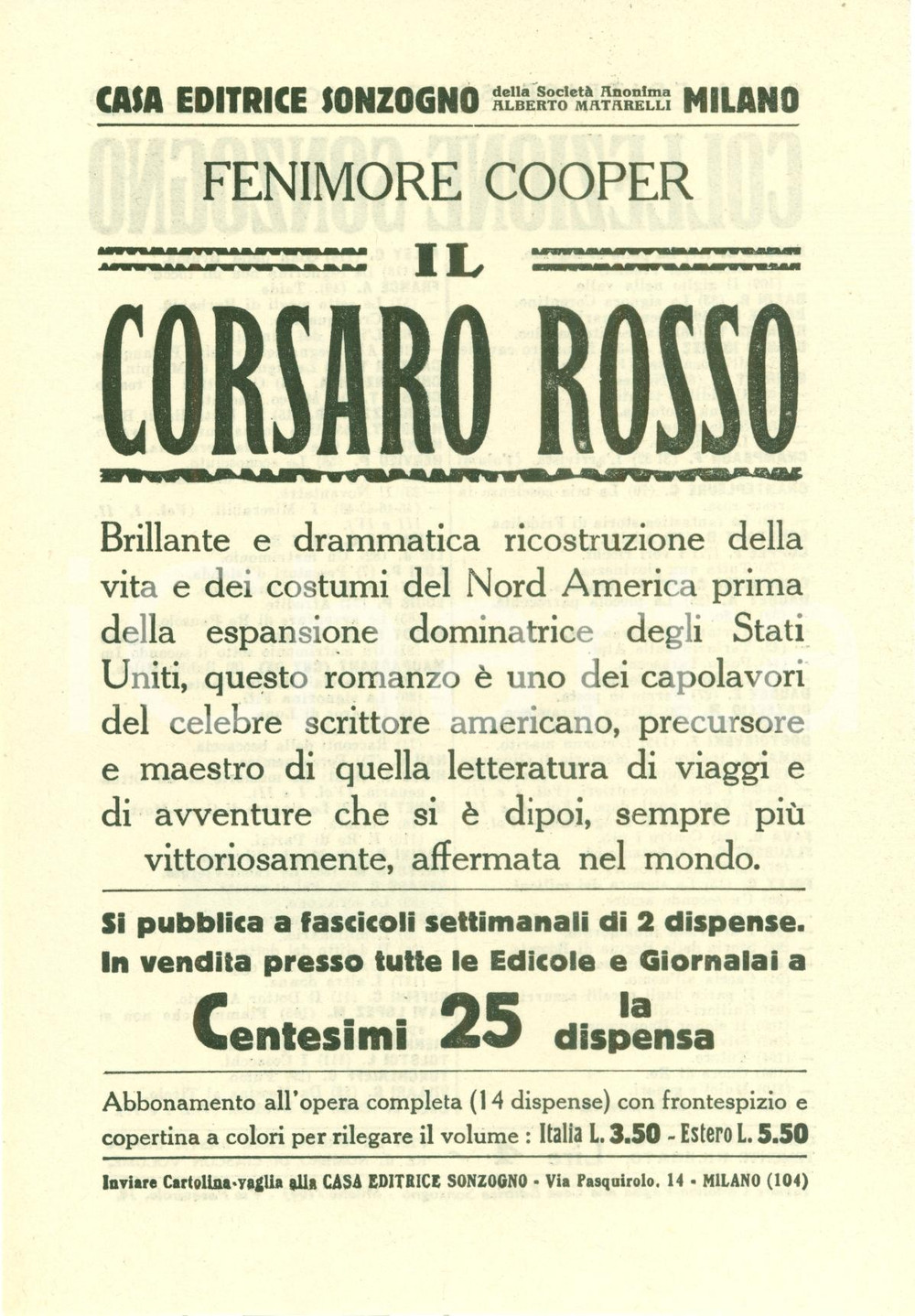 Oggetto da collezione cartaceo 1925 ca SONZOGNO Fenimore COOPER Il corsaro rosso Volantino editoriale 1