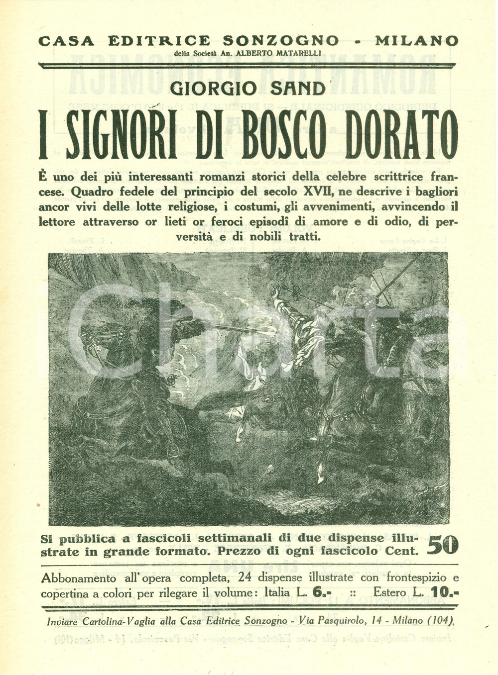 Oggetto da collezione cartaceo 1925 ca SONZOGNO George SAND Signori di Bosco Dorato VOLANTINO ILLUSTRATO 1