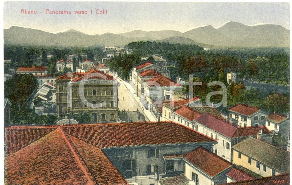 Cartolina originale da collezione 1920 ca ABANO TERME PD Panorama con Albergo REBUSTELLO ANIMATA FP NV 1