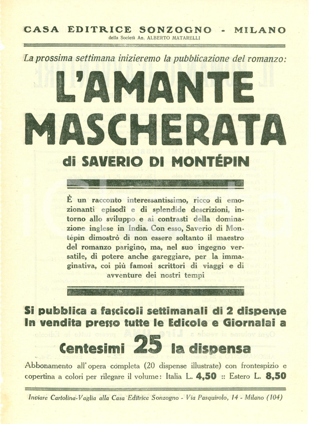 Oggetto da collezione cartaceo 1927 SONZOGNO Xavier DE MONTEPIN L amante mascherata VOLANTINO editoriale 1