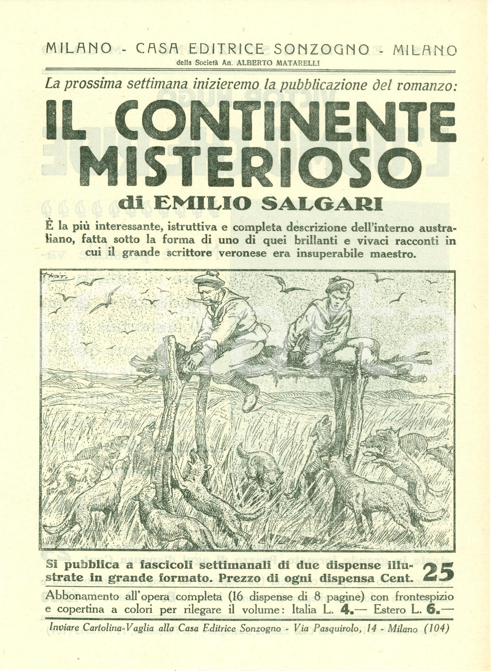 Oggetto da collezione cartaceo 1927 SONZOGNO Emilio SALGARI Il continente misterioso VOLANTINO ILLUSTRATO 1