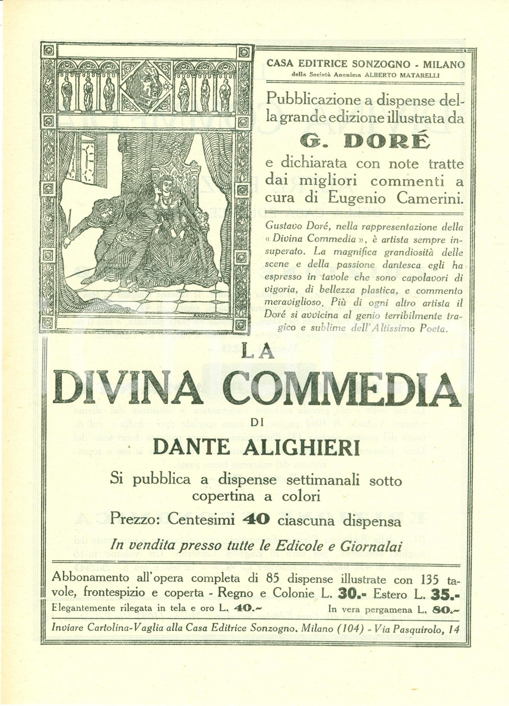 Oggetto da collezione cartaceo 1925 ca SONZOGNO Dante ALIGHIERI Divina Commedia VOLANTINO ILLUSTRATO 1