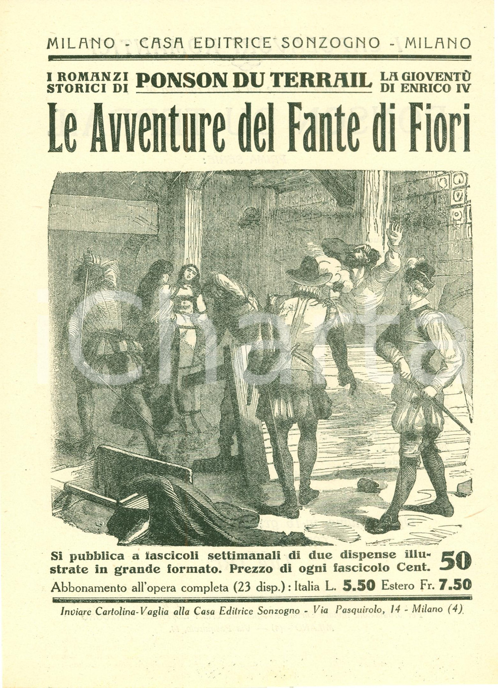 Oggetto da collezione cartaceo 1925 ca SONZOGNO Ponson du Terrail Avventure Fante di Fiori Volantino ILLUSTRATO 1