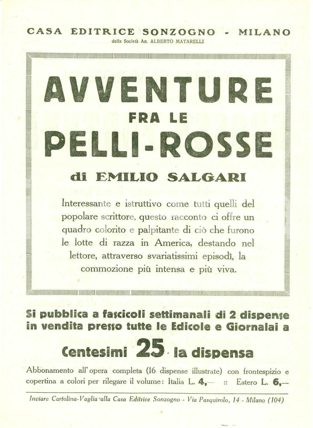 Oggetto da collezione cartaceo 1925 ca SONZOGNO Emilio SALGARI Avventure fra le pellirosse Volantino 1
