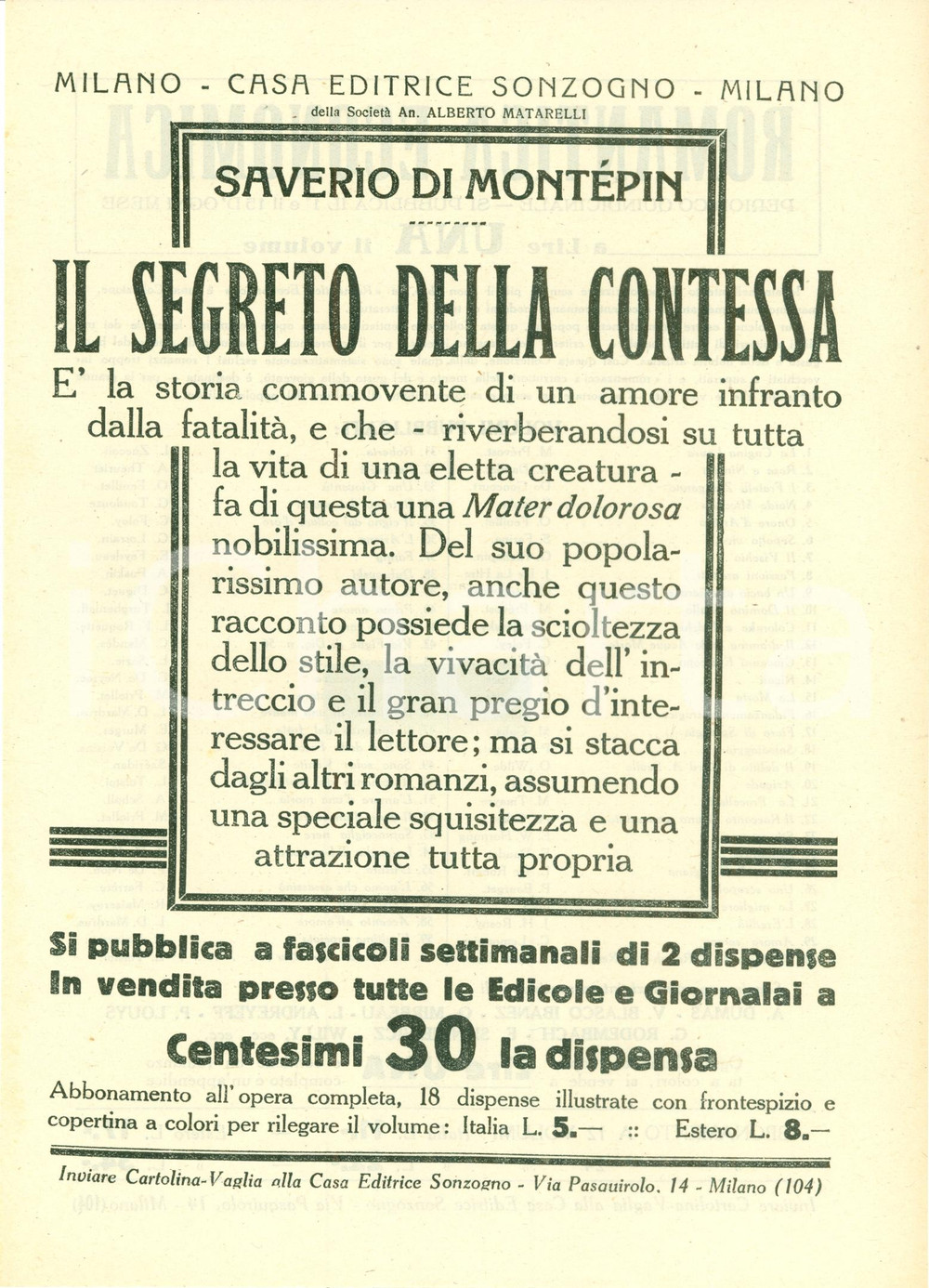 Oggetto da collezione cartaceo 1925 ca SONZOGNO Xavier DE MONTEPIN Segreto della contessa VOLANTINO 1