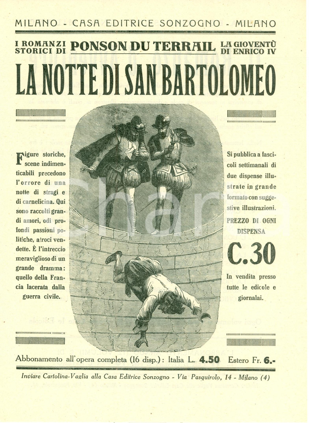 Oggetto da collezione cartaceo 1925 ca SONZOGNO Ponson du Terrail Notte SAN BARTOLOMEO Volantino ILLUSTRATO 1