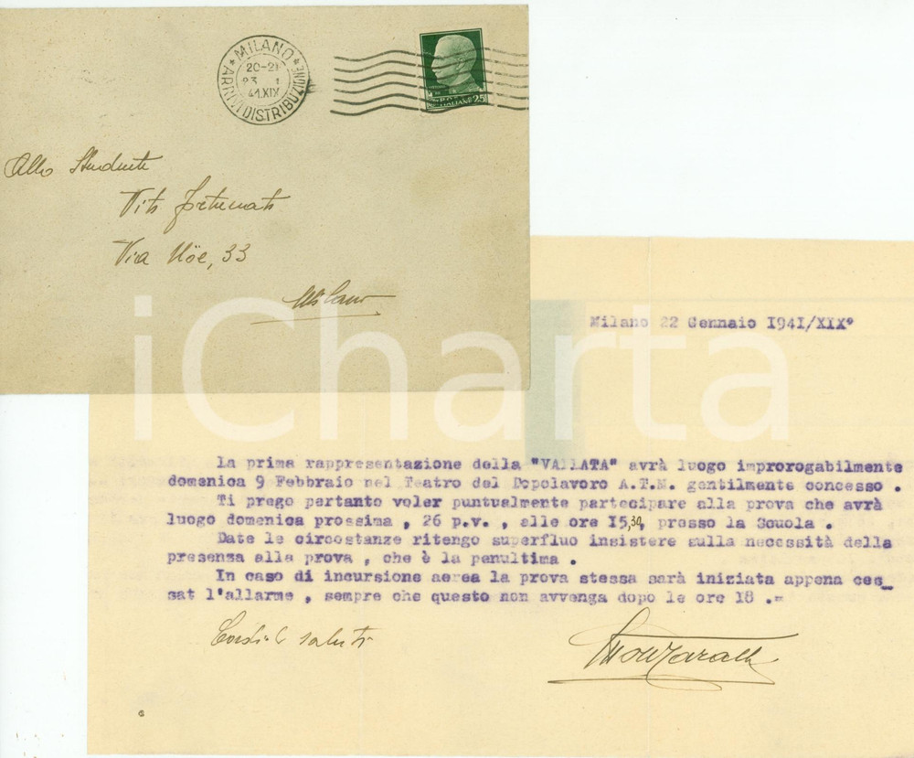 Documento originale, autentico 1941 MILANO WWII Prove teatrali cominceranno dopo allarme aereo Lettera 1