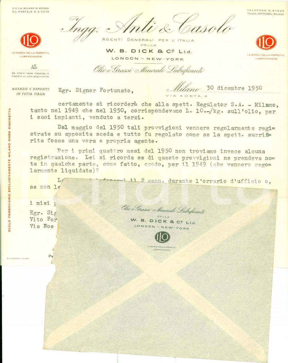 Manoscritto, lettera originale 1950 MILANO Ing. Alberto ANTI per W.B. DICK & Co. Olii Grassi Minerali Lettera 1