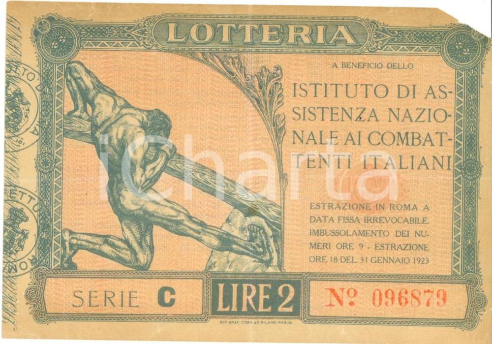 Oggetto da collezione cartaceo 1923 ROMA Lotteria Istituto Nazionale Assistenza Combattenti Biglietto LIRE DUE 1