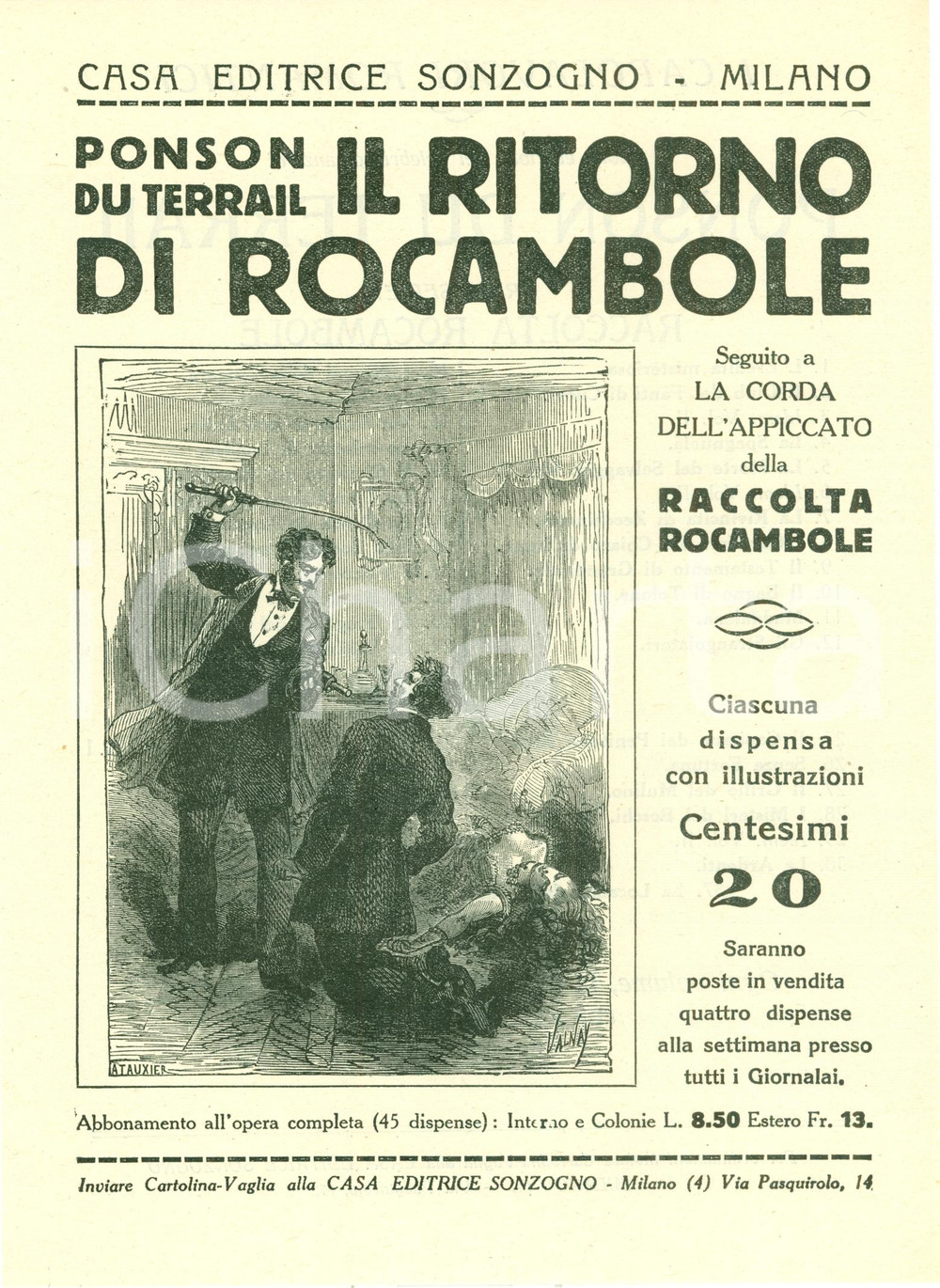 Oggetto da collezione cartaceo 1925 ca SONZOGNO Ponson du Terrail Ritorno di ROCAMBOLE VOLANTINO ILLUSTRATO 1
