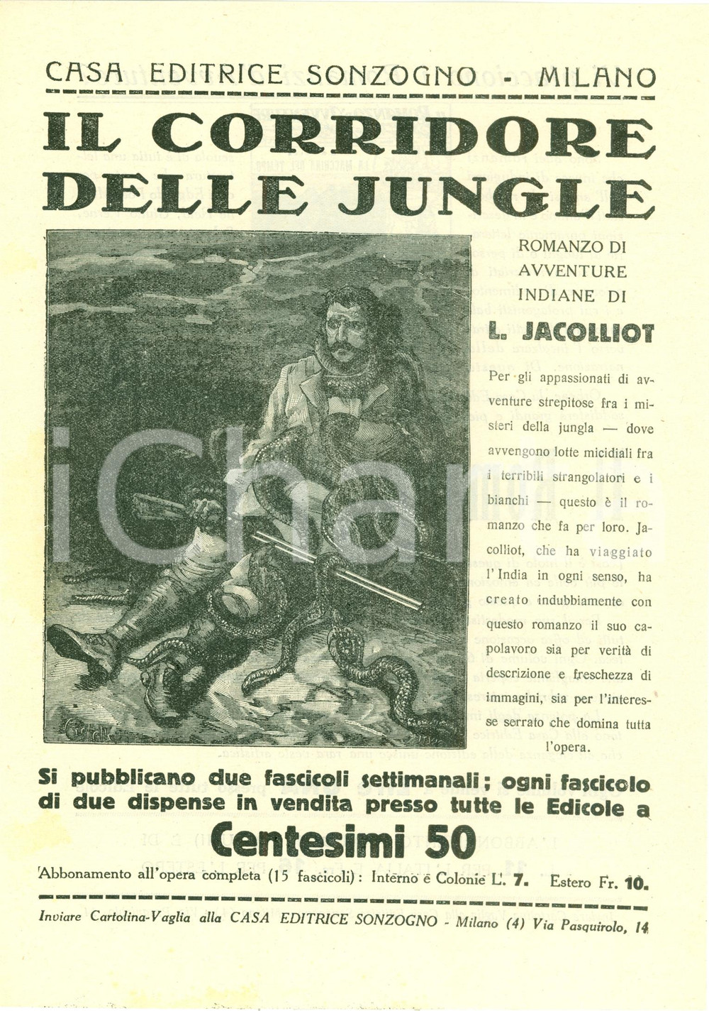 Oggetto da collezione cartaceo 1925 ca SONZOGNO Louis JACOLLIOT Corridore delle jungle VOLANTINO ILLUSTRATO 1