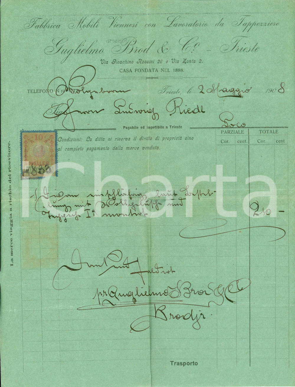 Documento originale, autentico 1908 TRIESTE Guglielmo BROD & Co. Fabbrica mobili viennesi Fattura 1