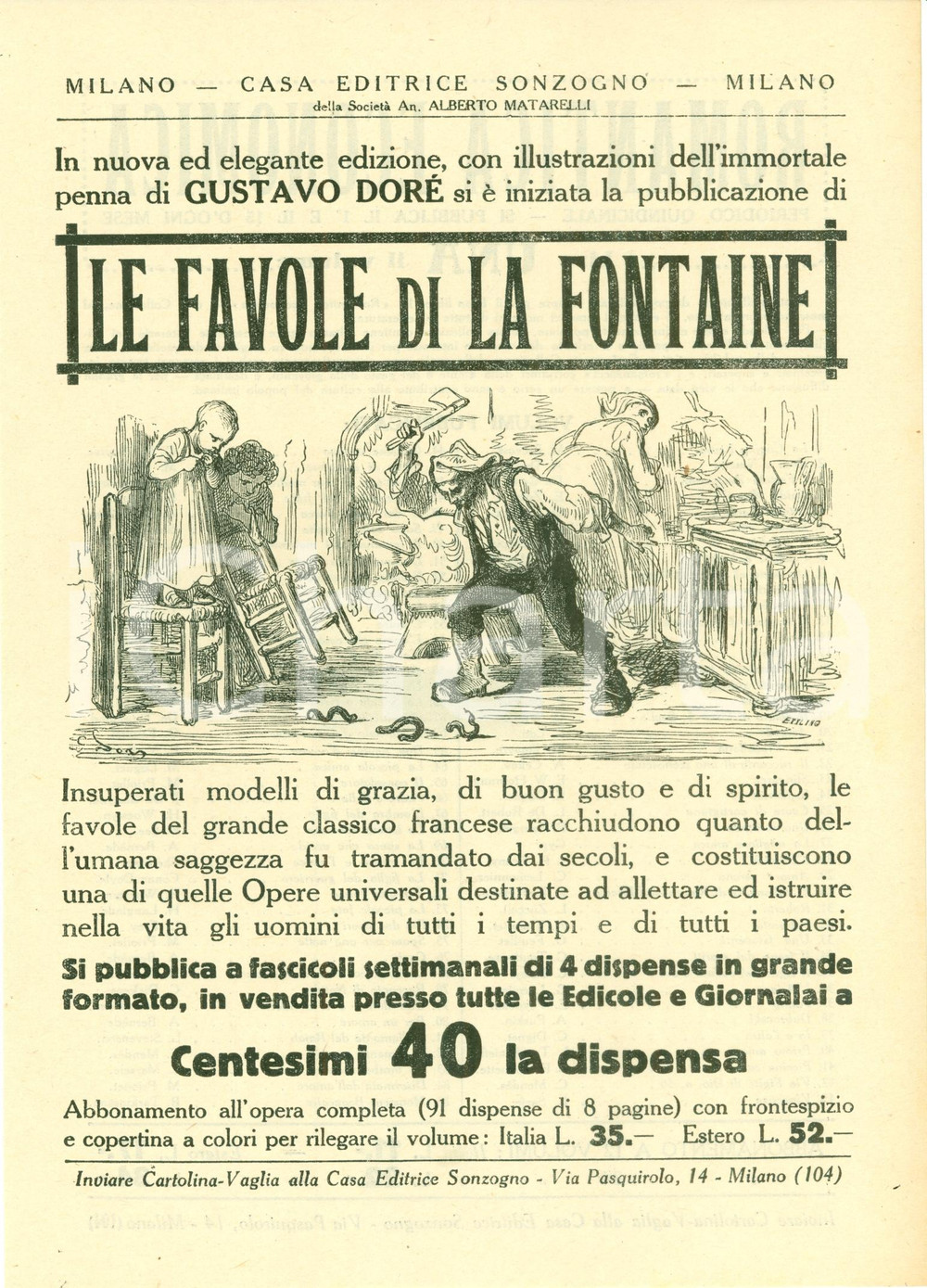 Oggetto da collezione cartaceo 1925 ca SONZOGNO Jean DE LA FONTAINE Favole VOLANTINO ILLUSTRATO 1