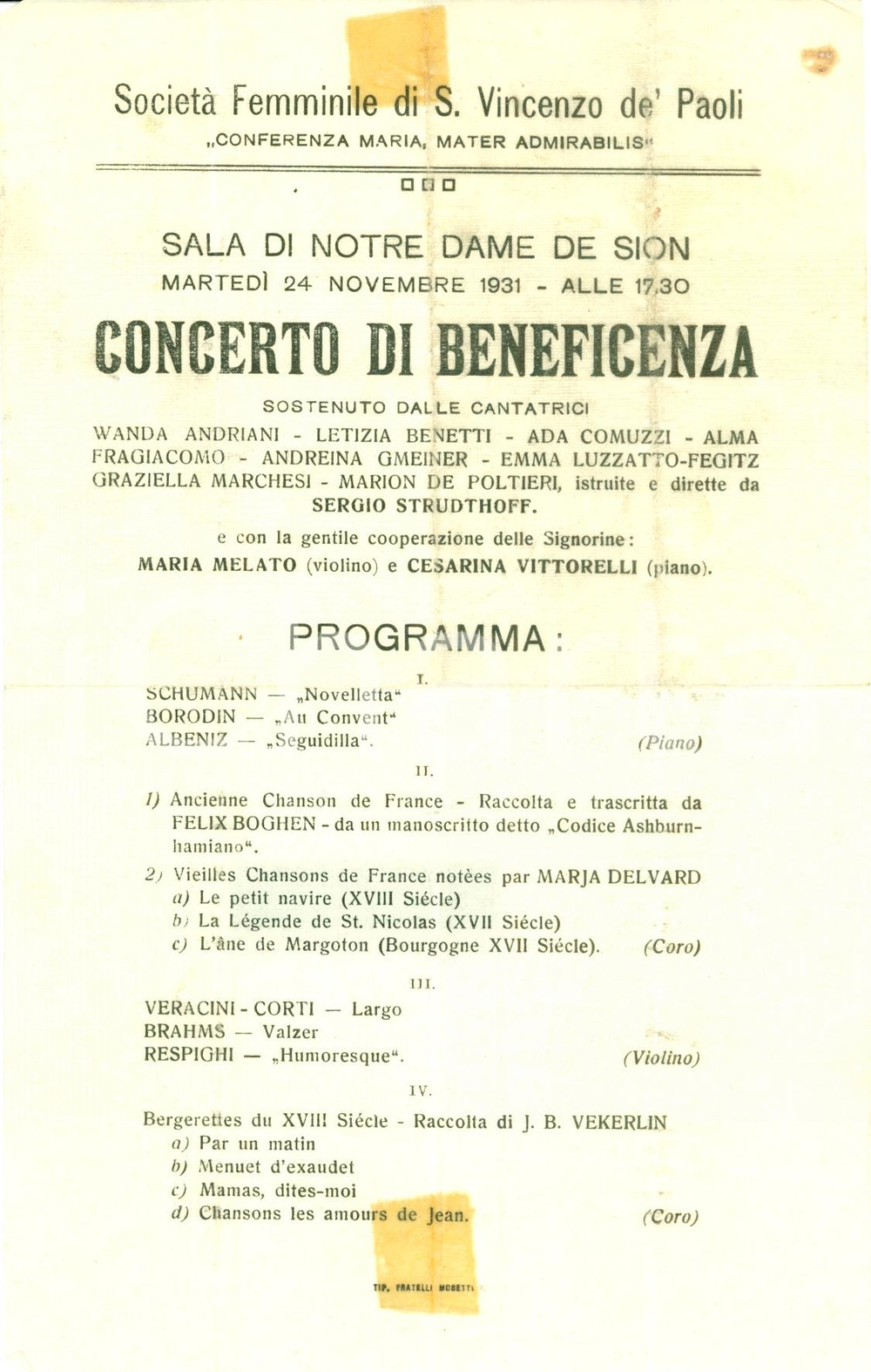 Materiale pubblicitario d’epoca 1931 TRIESTE Concerto beneficenza Società Femminile SAN VINCENZO DE  PAOLI 1