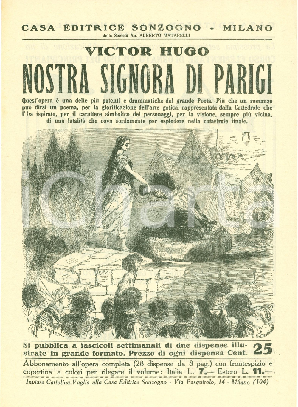 Oggetto da collezione cartaceo 1925 ca SONZOGNO Victor HUGO Nostra Signora di PARIGI Volantino ILLUSTRATO 1