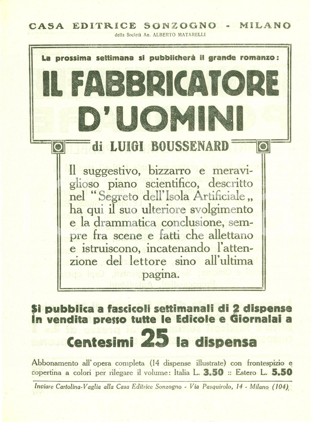 Oggetto da collezione cartaceo 1928 SONZOGNO Louis BOUSSENARD Fabbricatore d uomini VOLANTINO 1