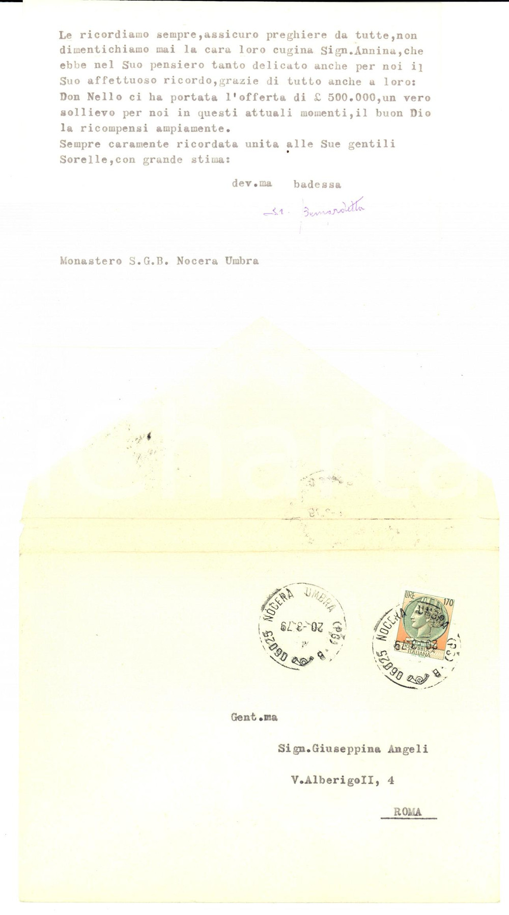 Manoscritto, lettera originale 1979 NOCERA UMBRA PG Monastero SAN GIUSEPPE Auguri madre BERNARDETTA 1