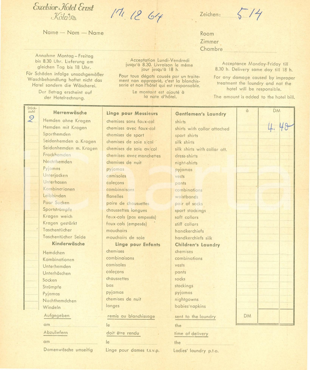 Documento originale, autentico 1964 KOLN DE Servizio lavanderia EXCELSIOR HOTEL ERNST Ricevuta 1
