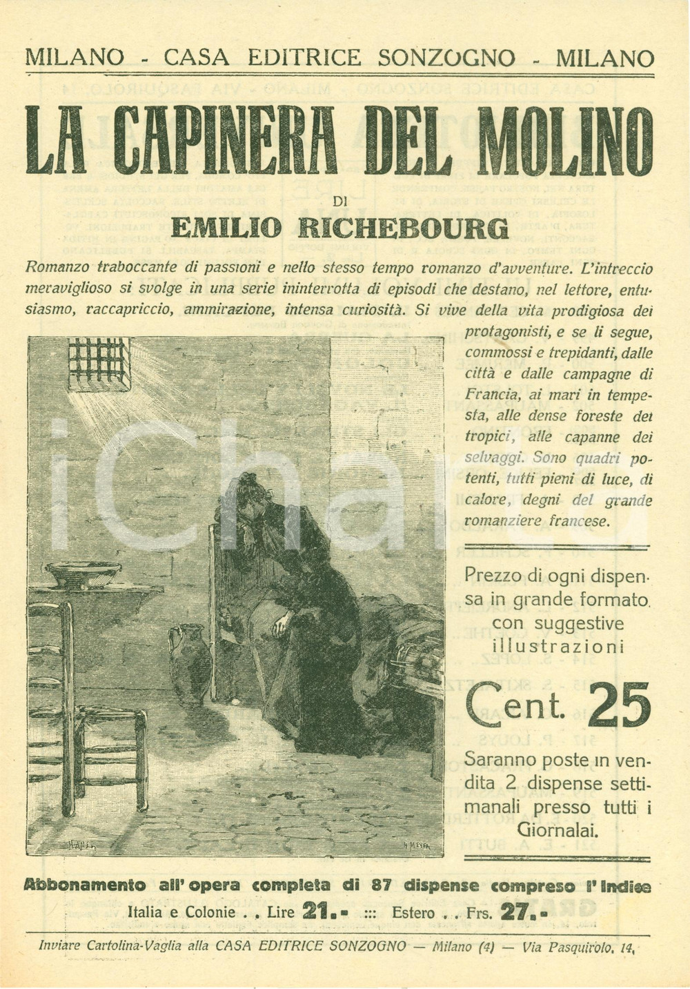 Oggetto da collezione cartaceo 1925 ca SONZOGNO Emilio RICHEBOURG Capinera del molino VOLANTINO ILLUSTRATO 1