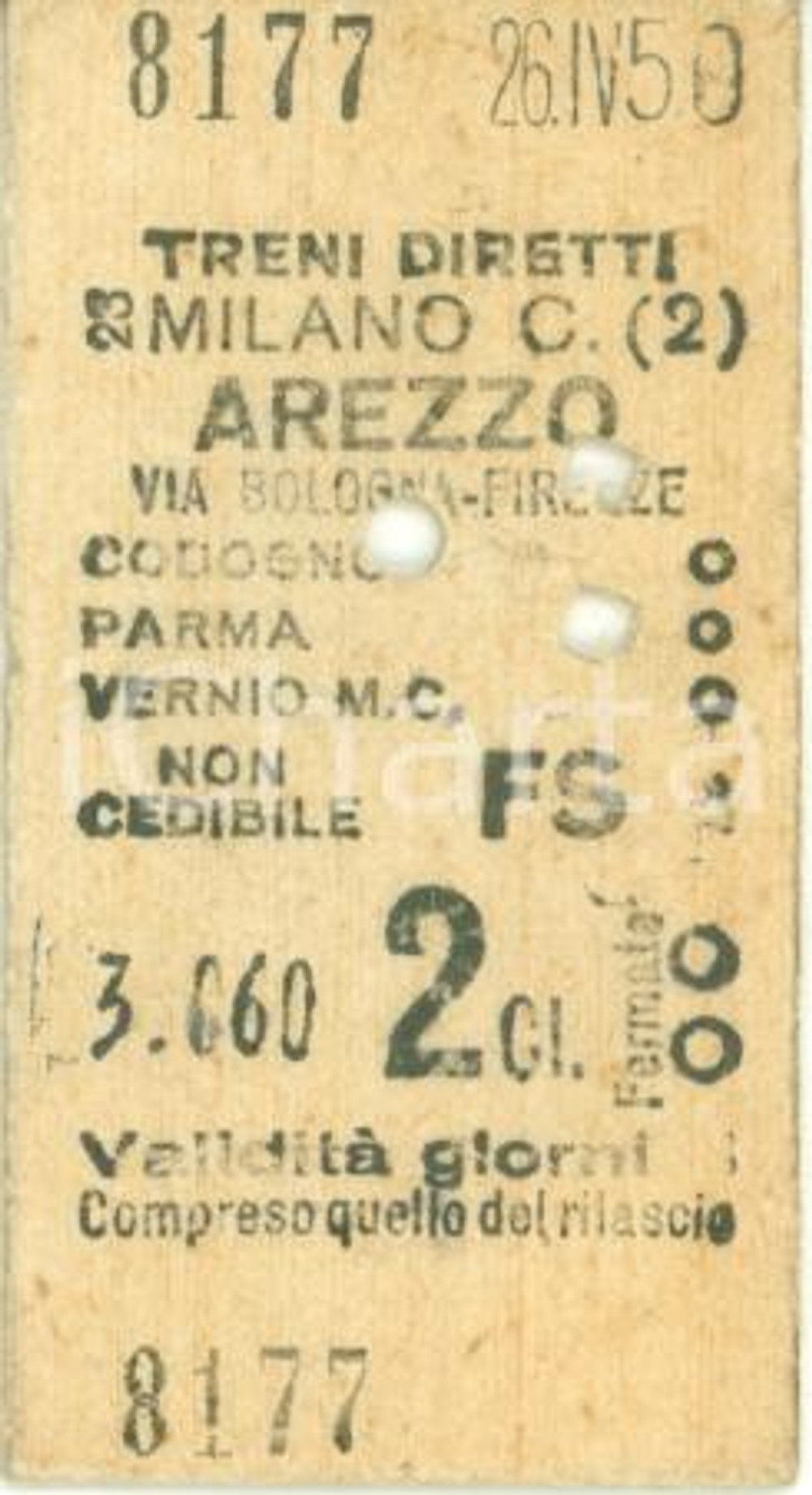 Oggetto da collezione cartaceo 1950 FERROVIE DELLO STATO Biglietto ferroviario MILANO CENTRALE  AREZZO 1