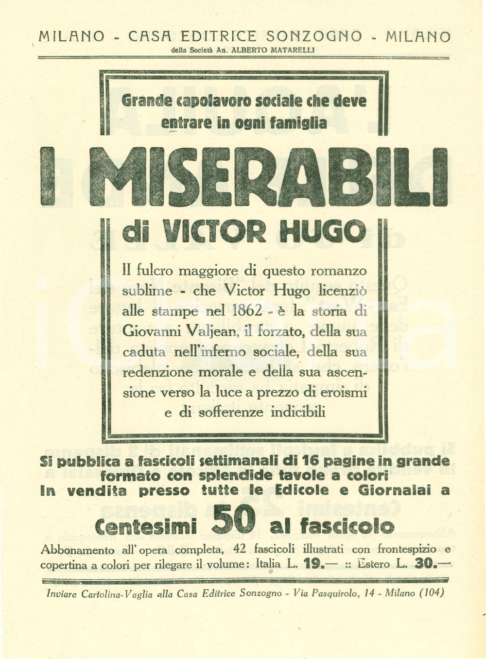 Oggetto da collezione cartaceo 1925 ca SONZOGNO Victor HUGO I miserabili Jo VALLE Aquila delle ANDE Volantino 1