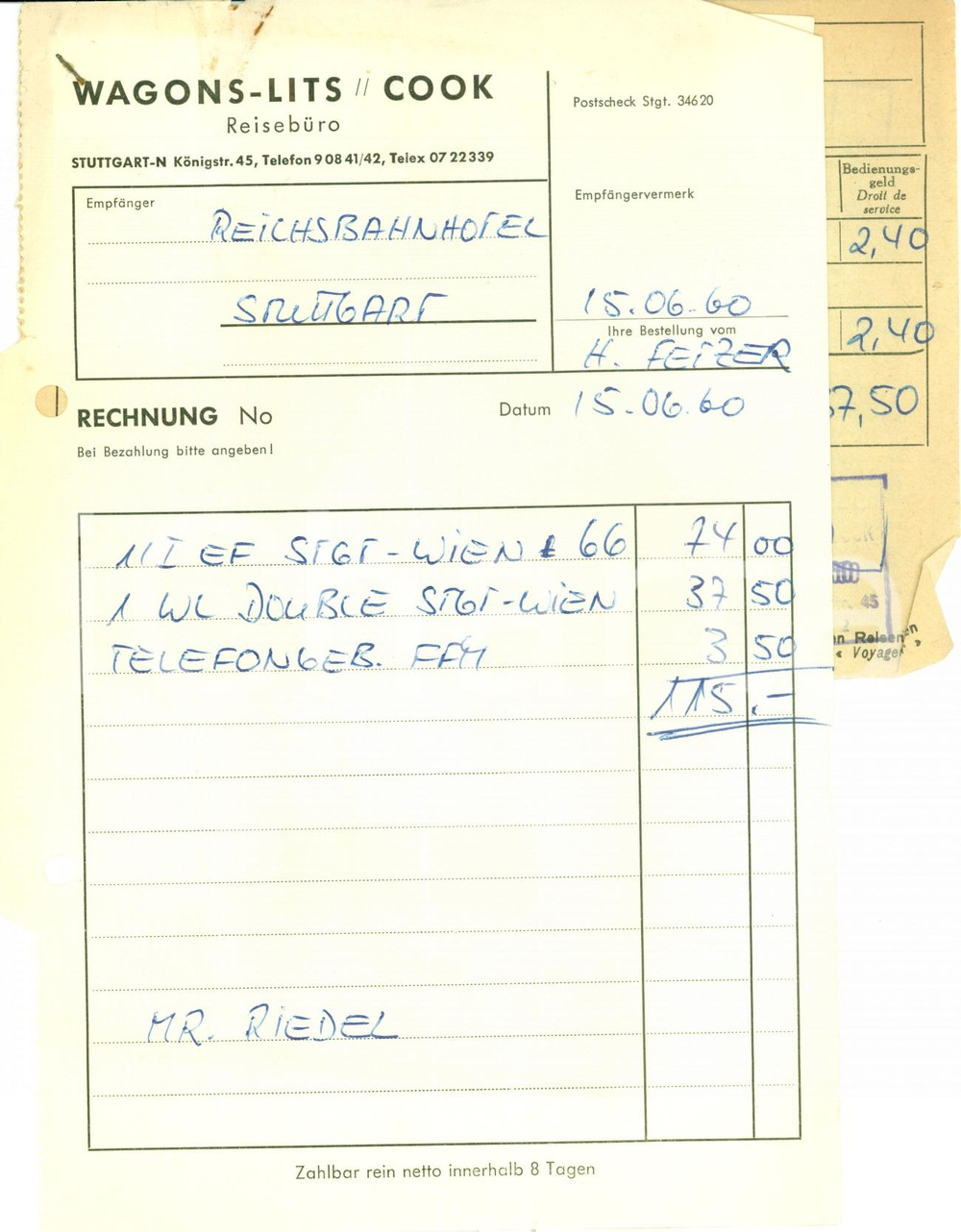 Oggetto da collezione cartaceo 1960 WAGONLITS COOK Biglietto ferroviario STUTTGART  WIEN con ticket 1