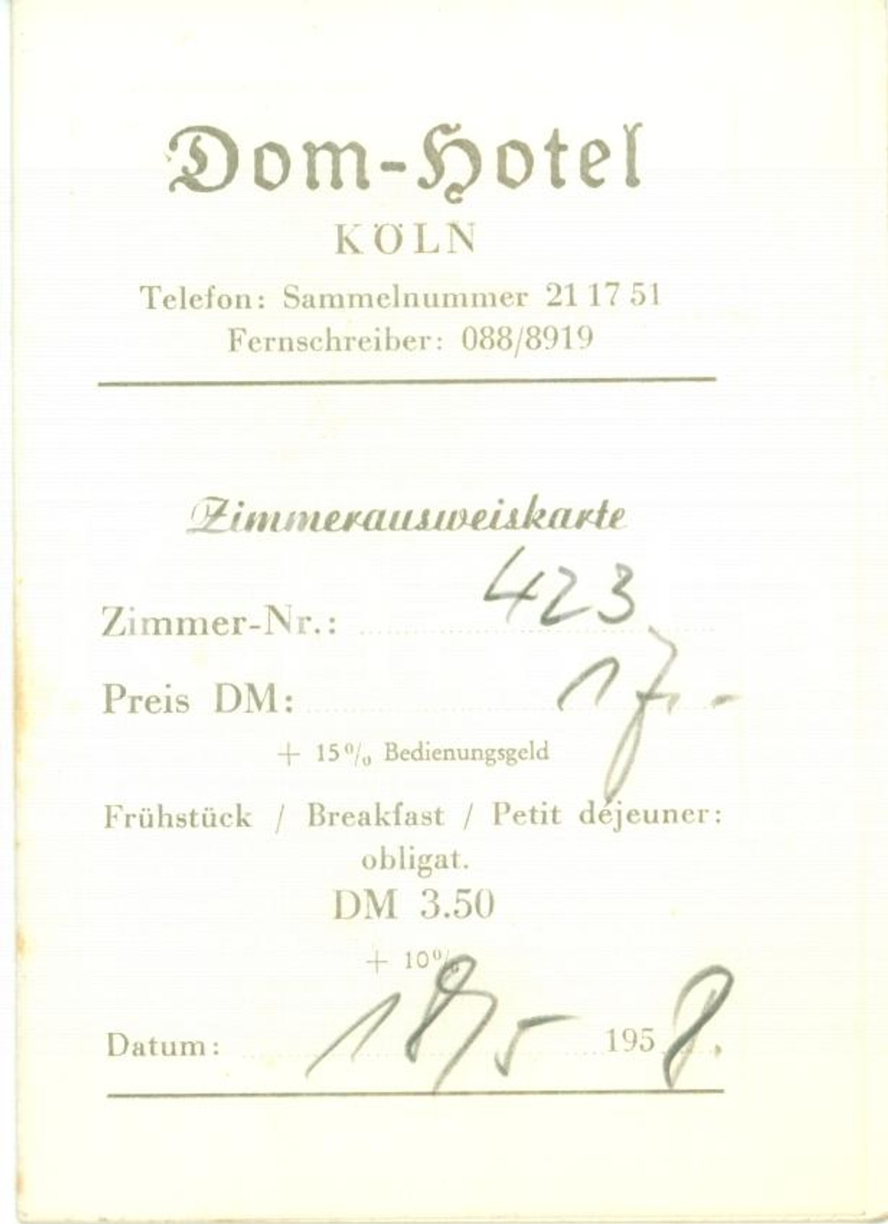 Oggetto da collezione cartaceo 1958 KOLN DE Ausweiskarte fÃ¼r DOMHOTEL Pieghevole con mappa Tessera 1