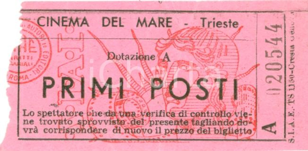 Oggetto da collezione cartaceo 1960 ca TRIESTE Biglietto primi posti CINEMA DEL MARE 1