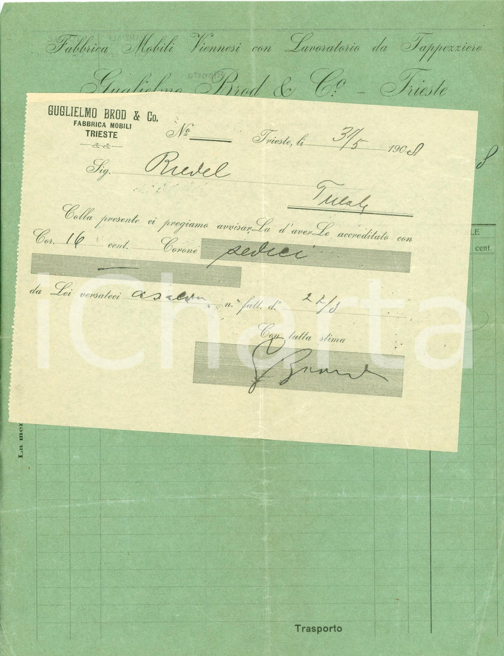 Documento originale, autentico 1908 TRIESTE Fabbrica mobili viennesi Guglielmo BROD & CO. Fattura 1