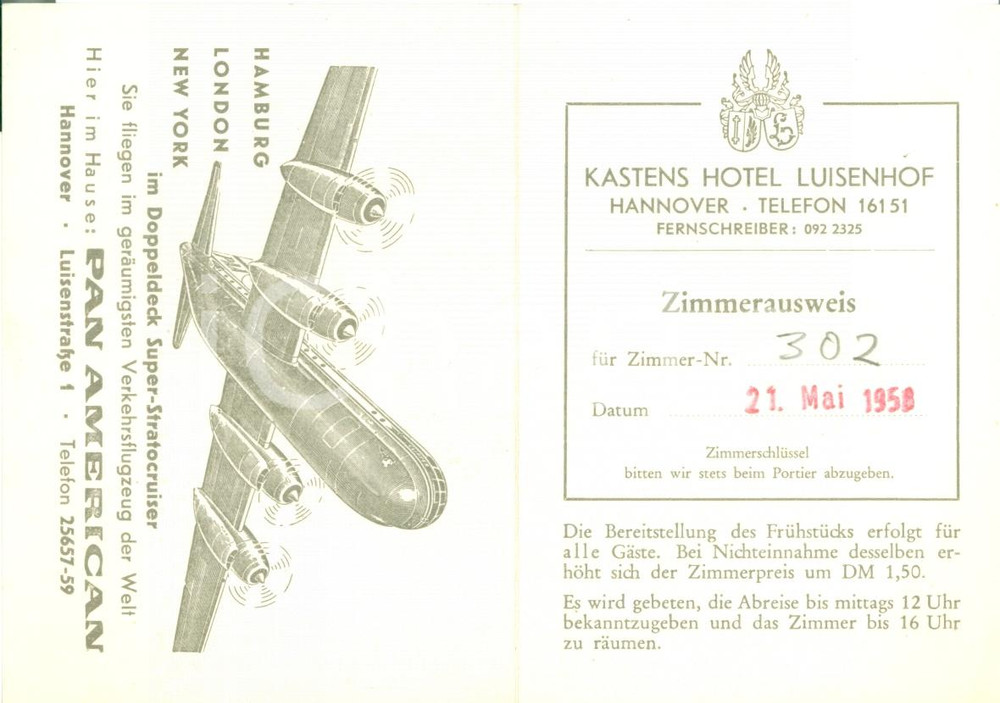 Oggetto da collezione cartaceo 1958 HANNOVER DE Ausweis KASTENS HOTEL LUISENHOF SuperStratocruiser PANAM 1