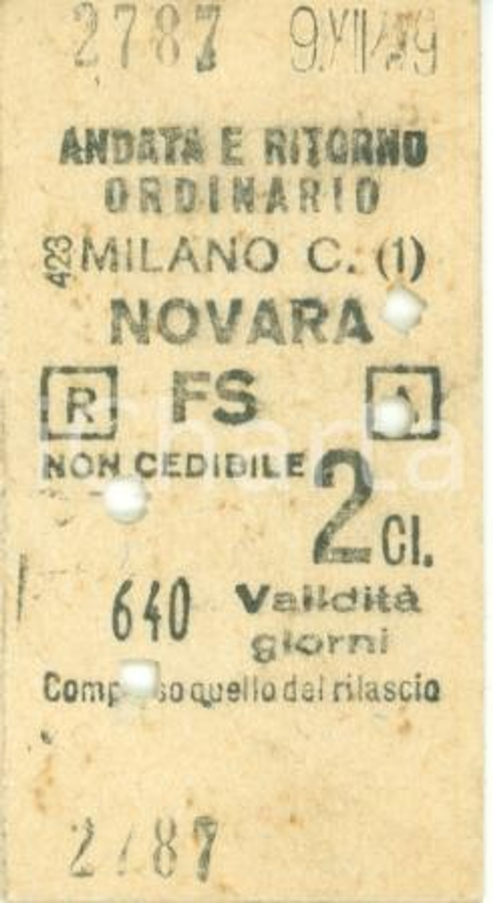 Oggetto da collezione cartaceo 1949 FERROVIE DELLO STATO Biglietto ferroviario MILANO  NOVARA seconda classe 1