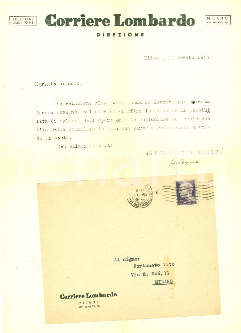 Manoscritto, lettera originale 1945 MILANO Vito FORTUNATO cerca lavoro al CORRIERE LOMBARDO Lettera 1