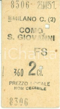 Oggetto da collezione cartaceo 1951 FERROVIE DELLO STATO Biglietto ferroviario MILANO  COMO SAN GIOVANNI 1