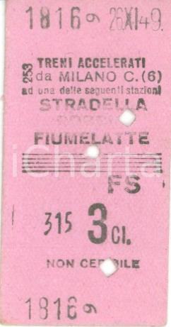 Oggetto da collezione cartaceo 1949 FERROVIE DELLO STATO Biglietto ferroviario MILANO  STRADELLA  FIUMELATTE 1