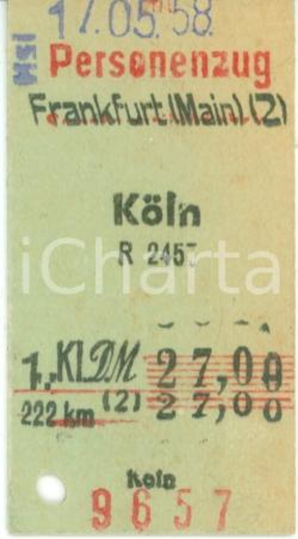 Oggetto da collezione cartaceo 1958 FRANKFURT AM MAIN DE Biglietto ferroviario per KOLN Personenzug 1